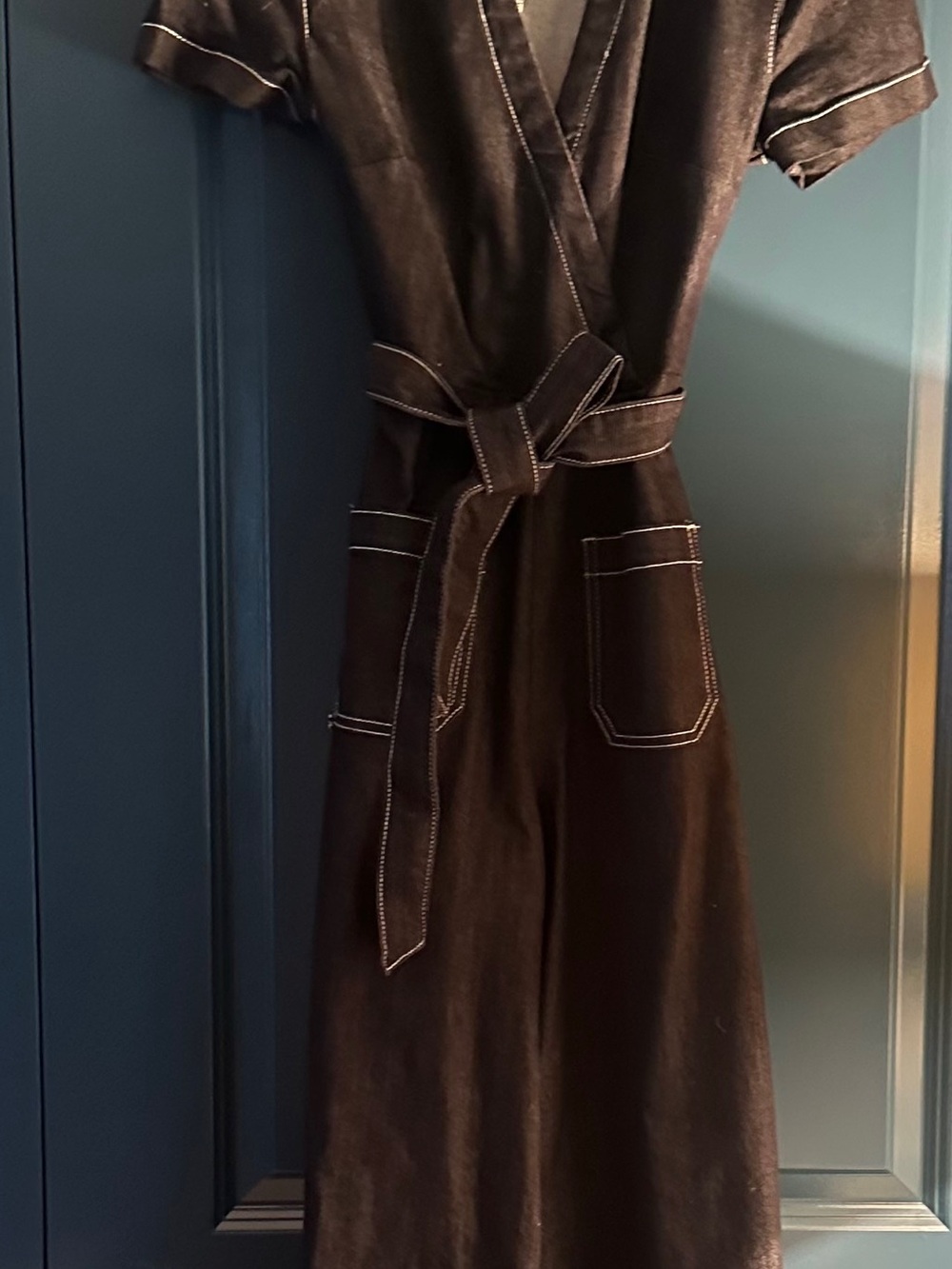 Maeve Denim Short-Sleeve Wrap Utility Jumpsuit with Contrast Stitching - Picture 3 of 3